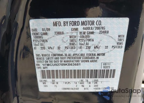 2009 Ford Escape Xls z USA, uszkodzony, nr VIN 1FMCU92709KB63681